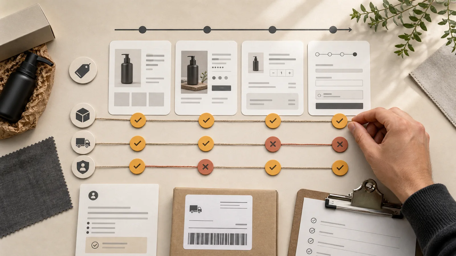 Audit map checking product price, stock, shipping, and business trust across the buyer path