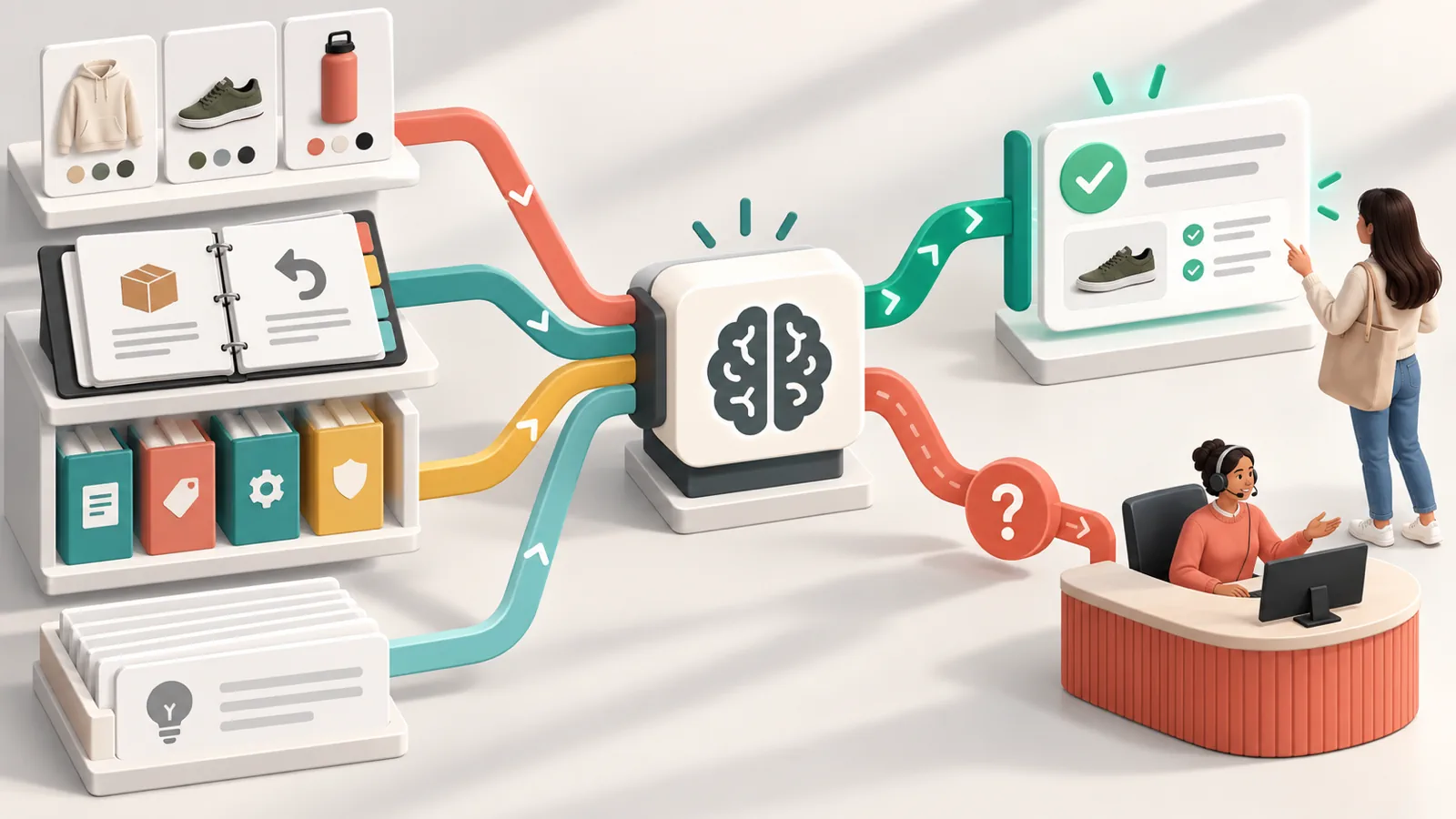 Shopify Inbox AI assistant drawing answers from product, policy, knowledge, and support sources