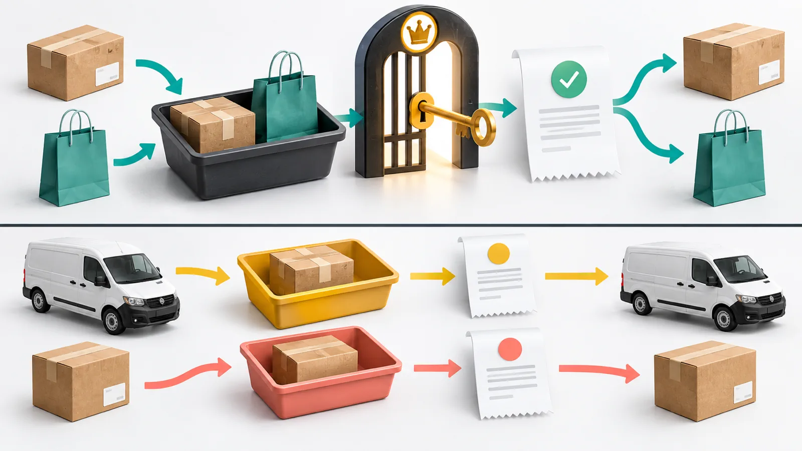 One ship-and-pickup order splitting into two fulfillments above separate local-delivery and shipping orders