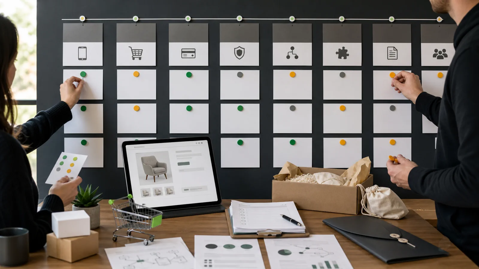 Shopify launch QA and handoff milestone board with mobile product page cart checkout and owner training symbols