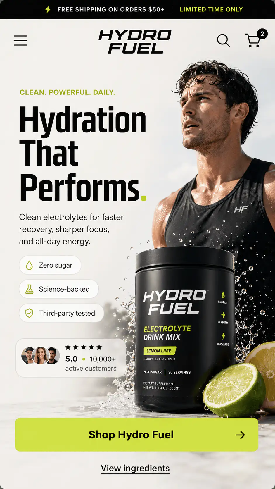 Electrolyte ecommerce hero screen
