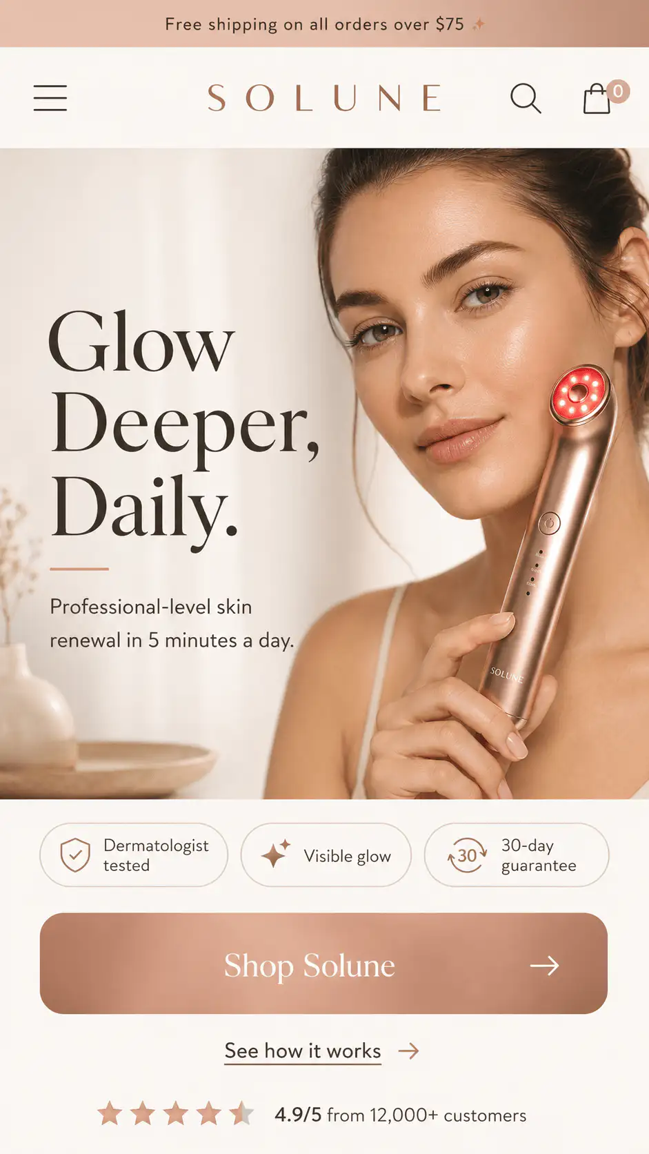 Skincare device ecommerce hero screen