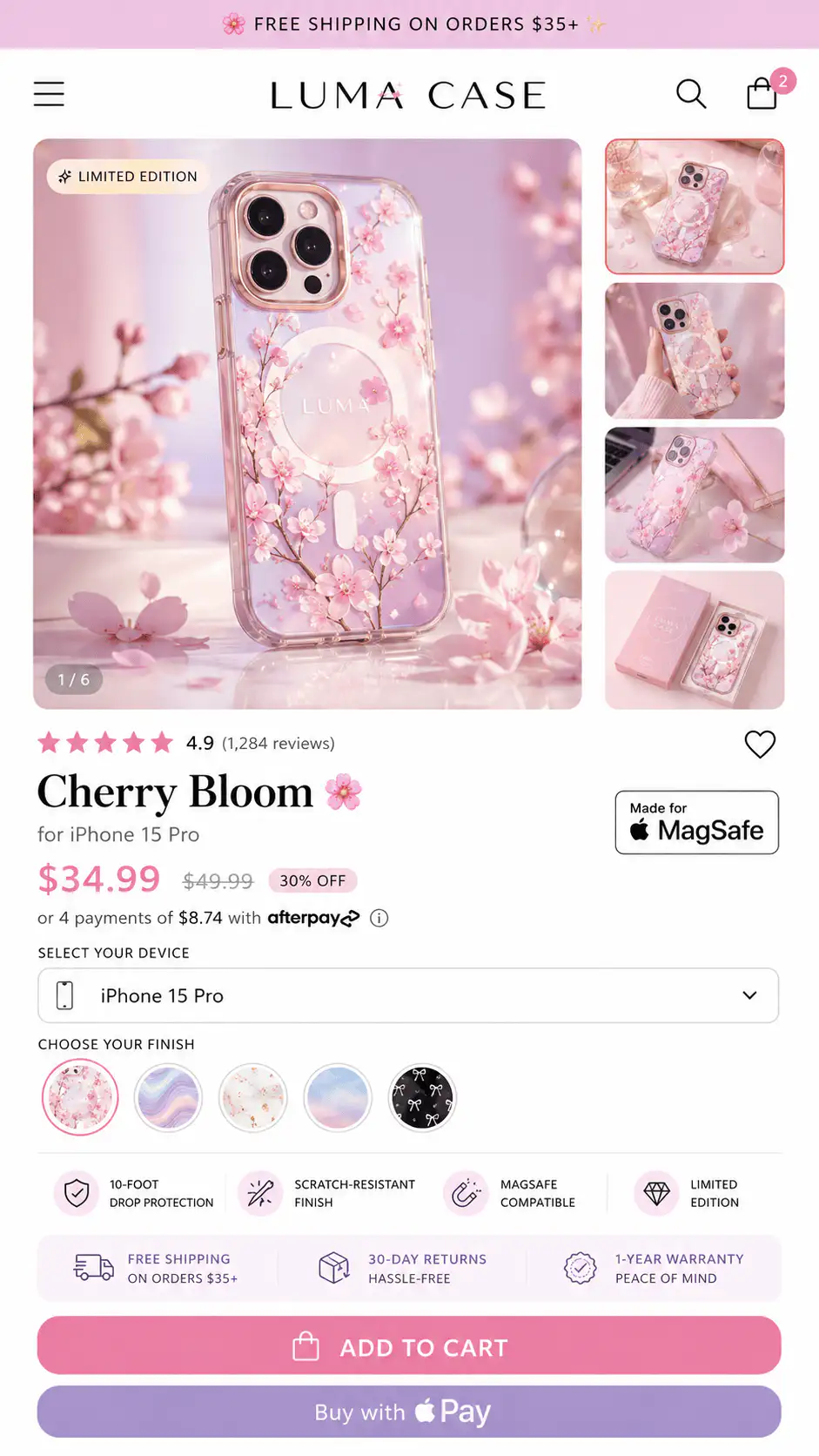 Shopify product page example showing visual product context and buying-area content