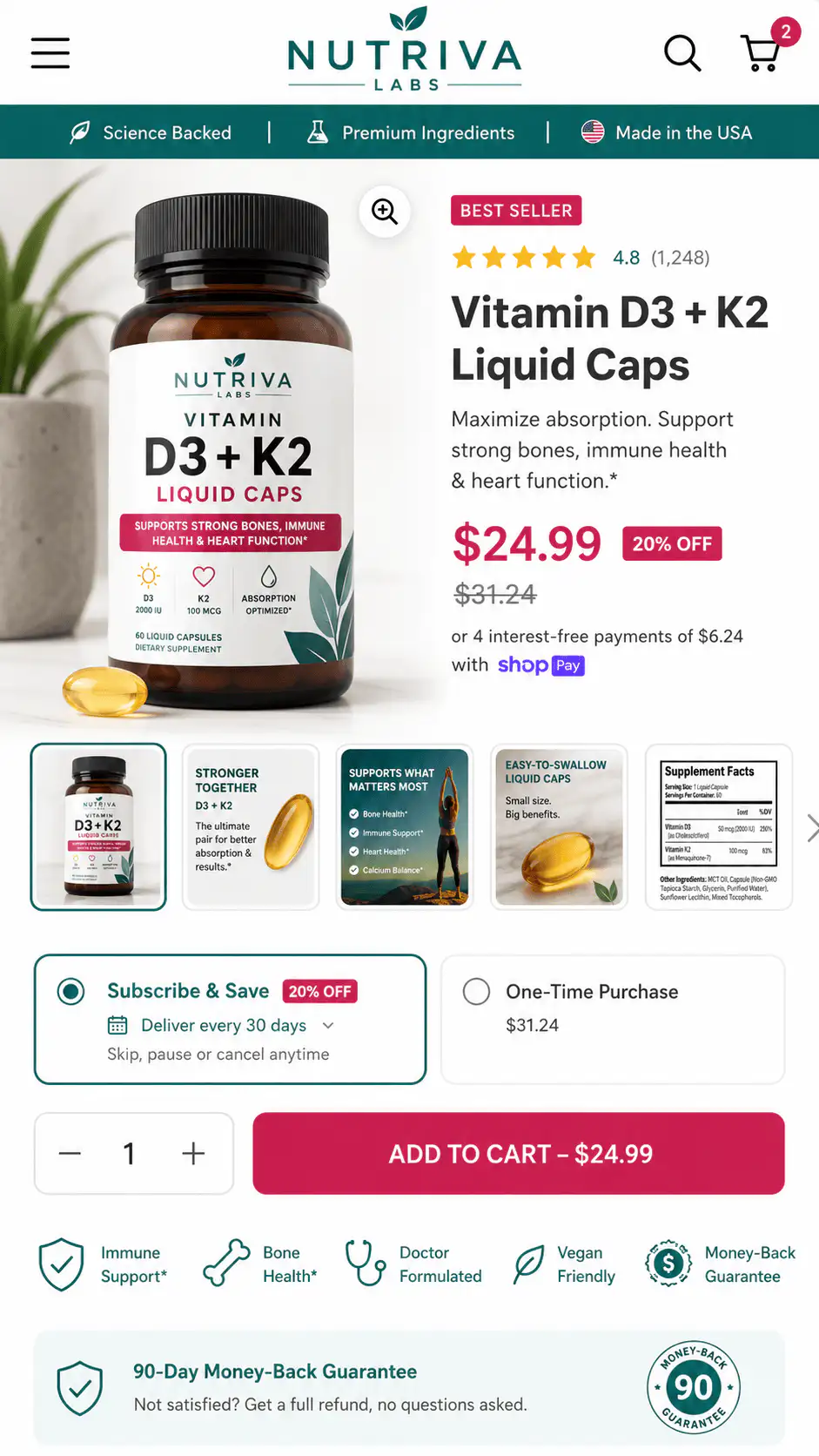 Nutriva supplement product page screen