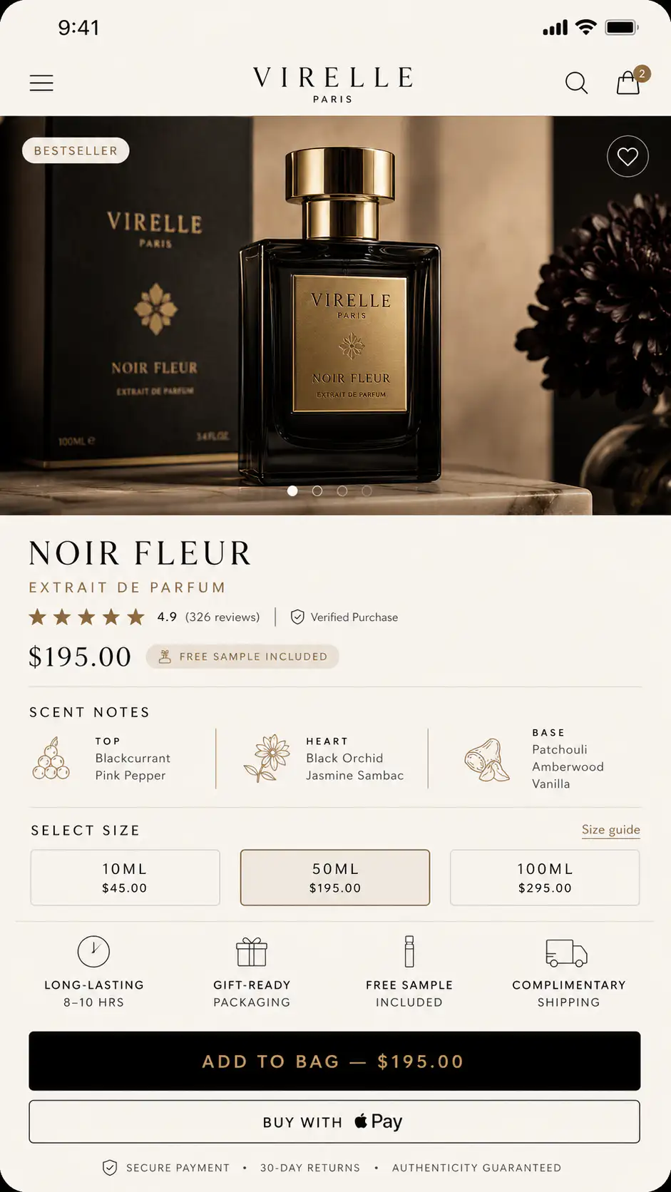 Virelle perfume product page screen