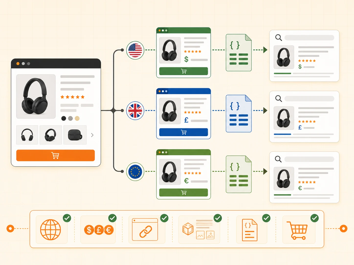 Diagram showing localized ecommerce market pages feeding consistent product snippet signals