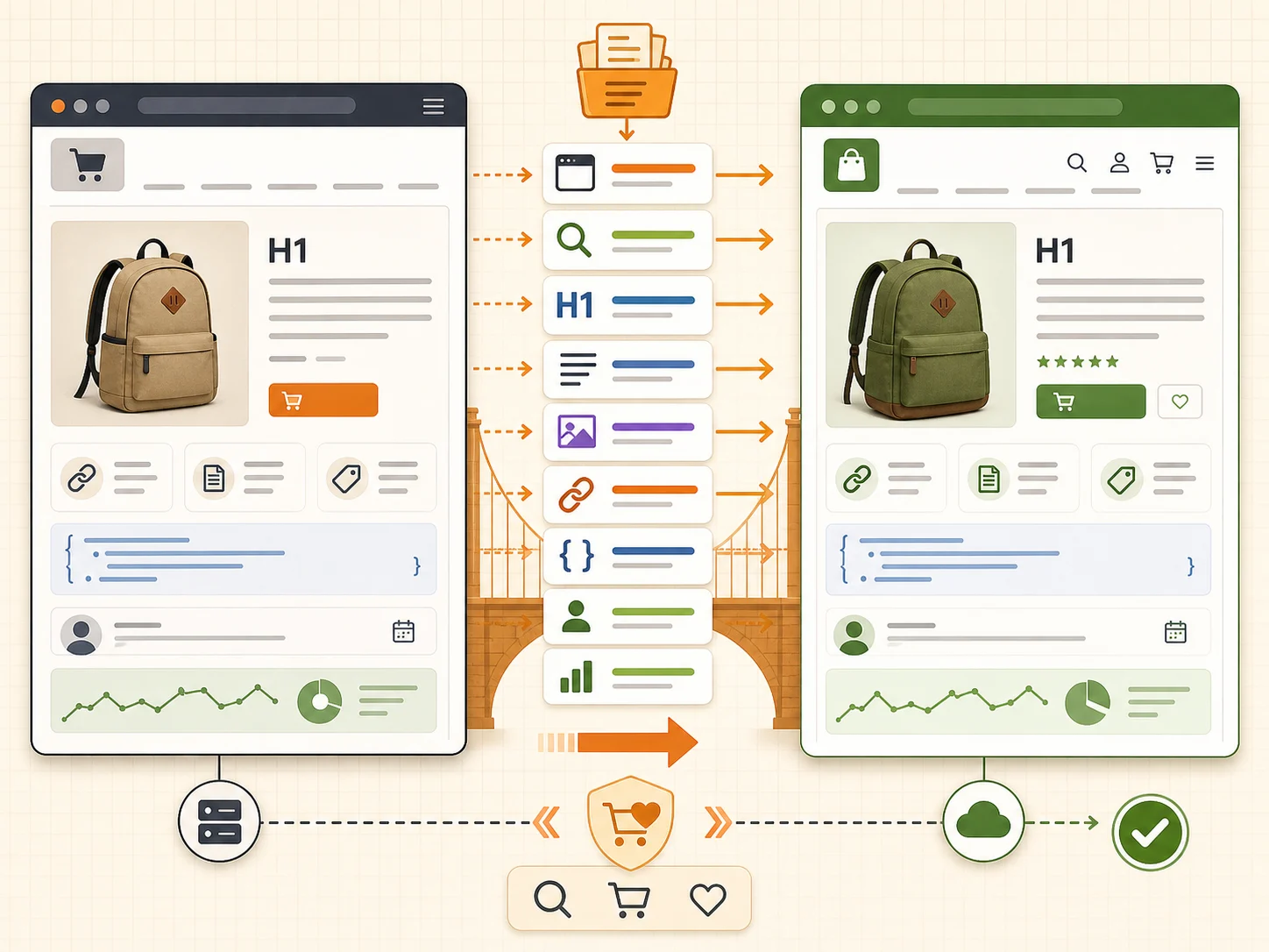 Diagram showing content and metadata signals moving from a legacy page to its new Shopify destination